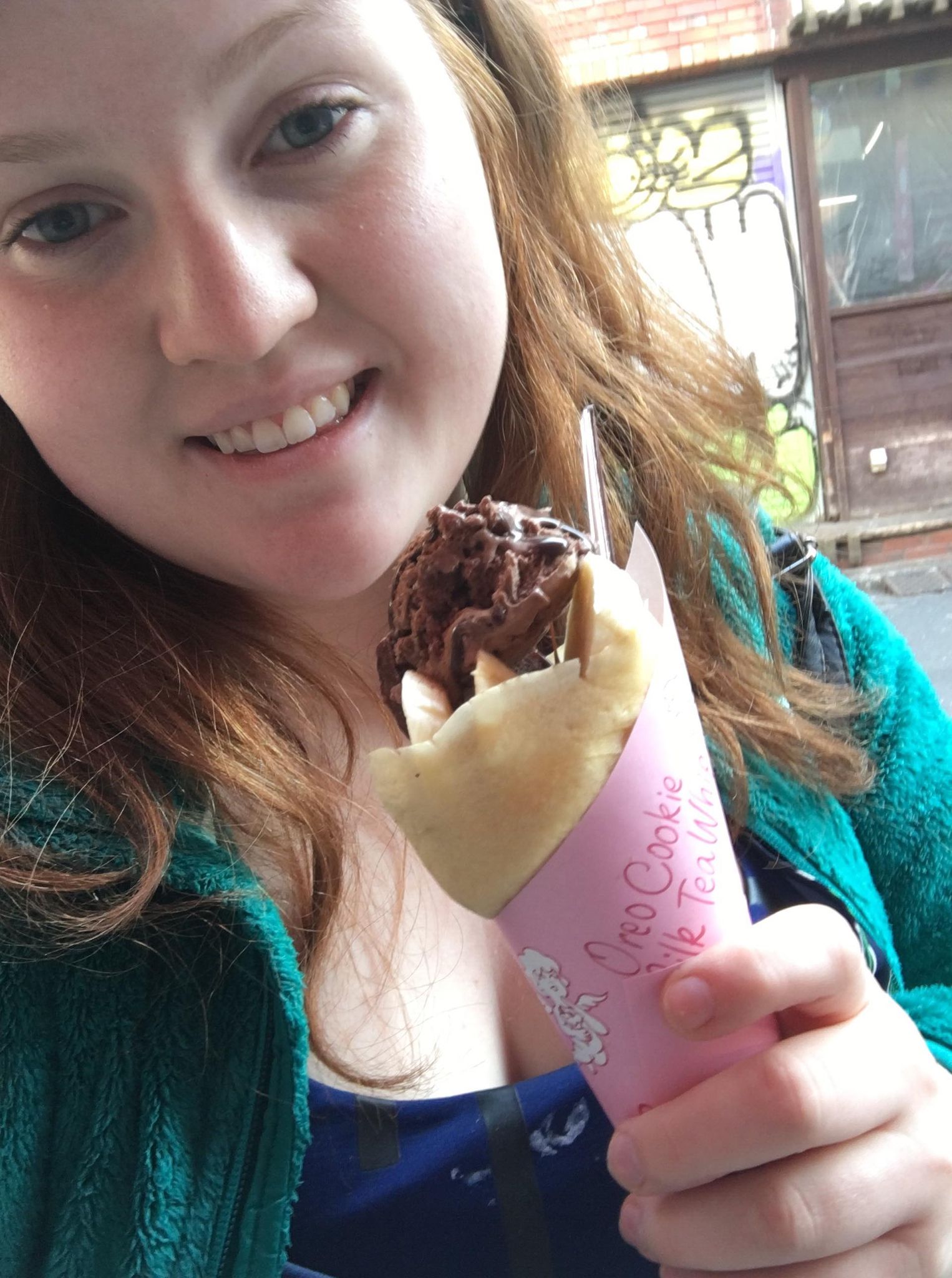 Me eating a chocolate crepe