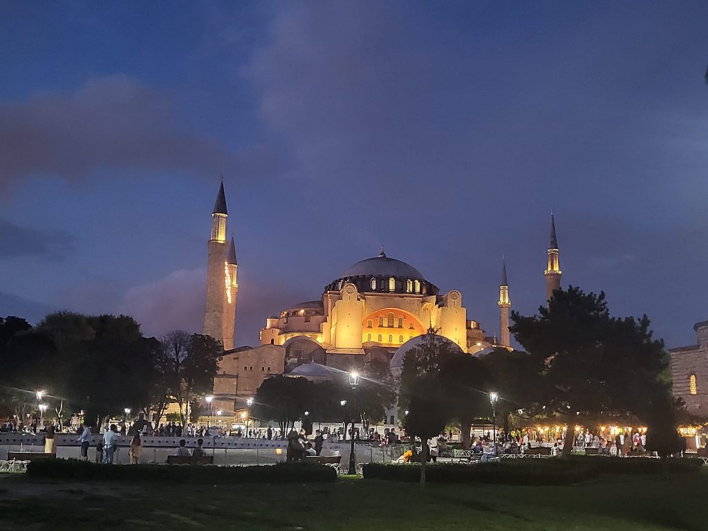 haghia sophia lit up at night